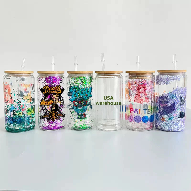 25pcs - 16oz Snow Globe Sublimation Glass Glitter Beer Can with bamboo lid