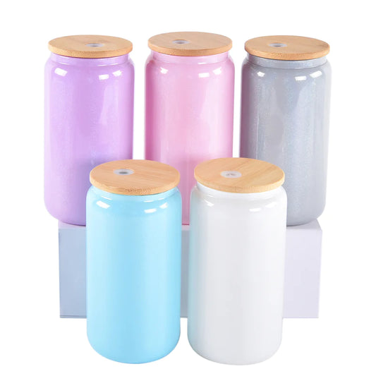 25pcs - 16oz Gradient Shimmer Sublimation Beer Can Glass Blanks With Bamboo Lid w/ Plastic straw