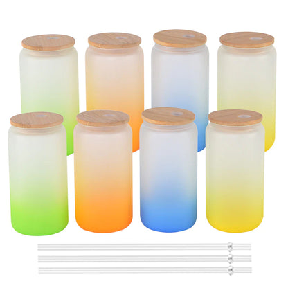 25pcs - 16oz Gradient Color Sublimation Beer Can Glass Blanks With Bamboo Lid w/ Plastic straw
