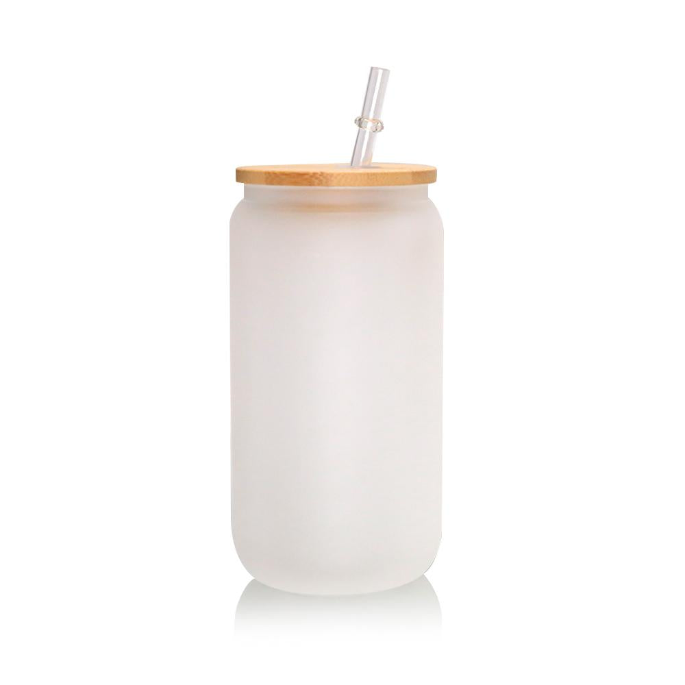 16oz Frosted Glass Sublimation Beer Can Blanks w/ Bamboo Lid and Straw
