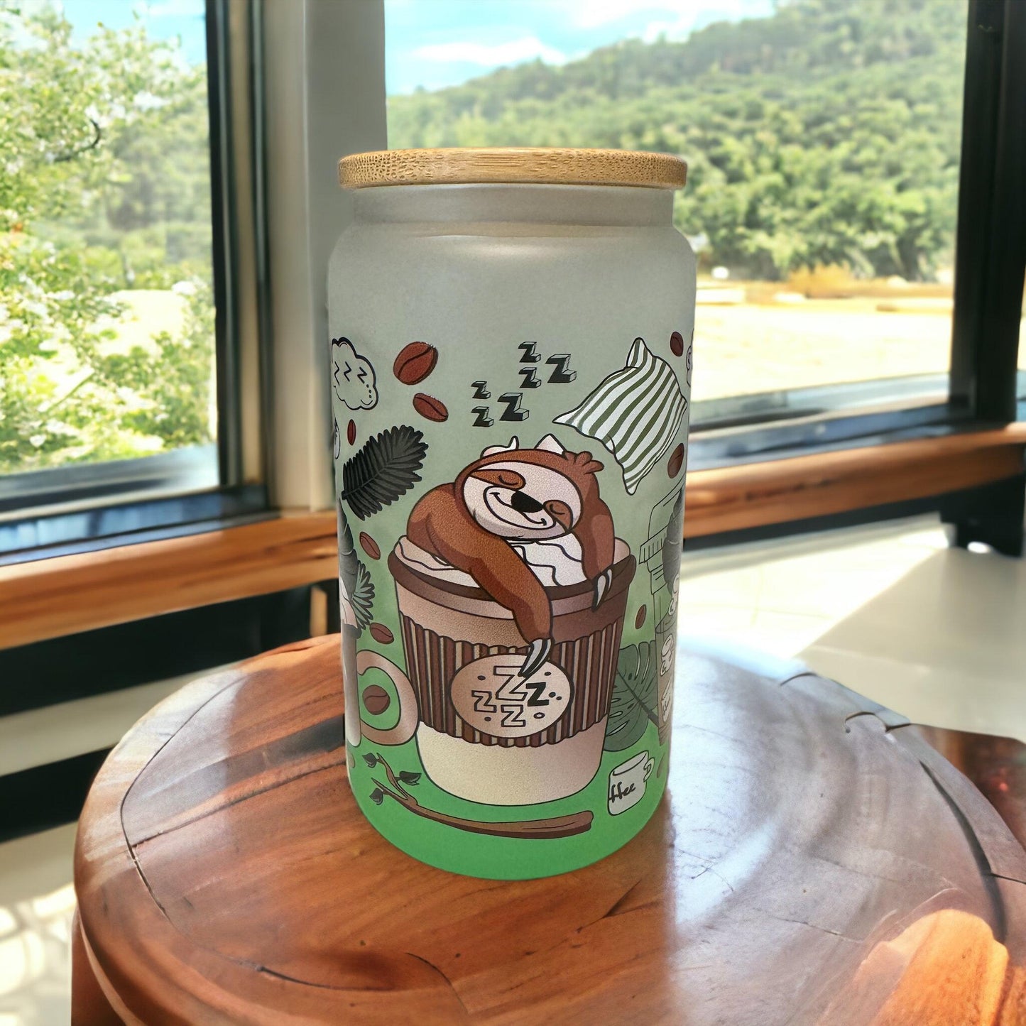 16oz Reusable Sloth Glass Can w/ Bamboo Lid and Straw Drinkware