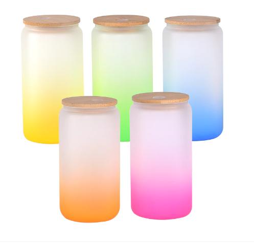 16oz Gradient Frosted Color Sublimation Glass Blanks With Bamboo Lid w/ Plastic straw