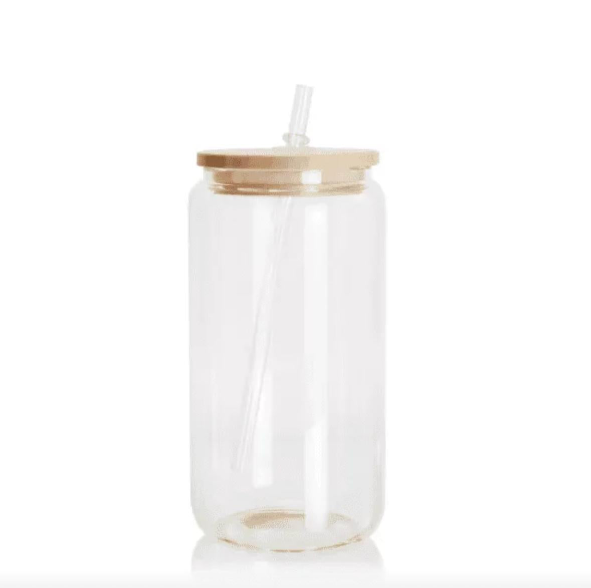 16oz Clear Glass Beer Can Blanks w/ Bamboo Lid and Straw