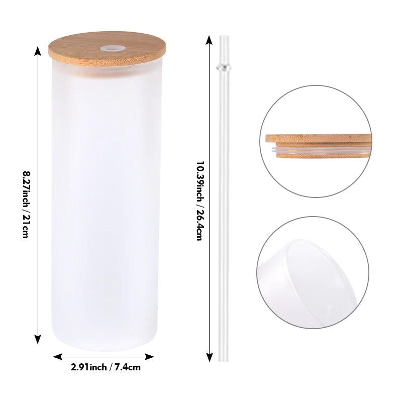 25pcs - 25oz Frosted Sublimation Drinking Glass Coffee Tumblers With Bamboo Lid And Straw