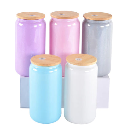 25pcs - 16oz Gradient Shimmer Sublimation Beer Can Glass Blanks With Bamboo Lid w/ Plastic straw