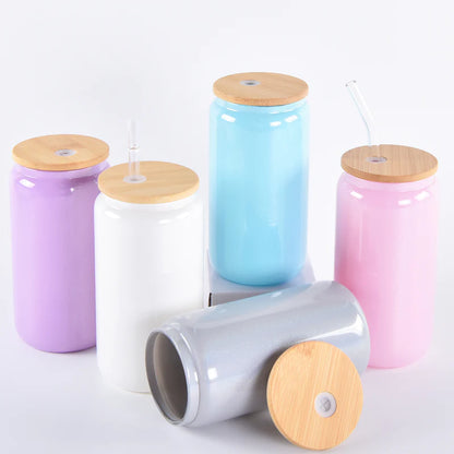 25pcs - 16oz Gradient Shimmer Sublimation Beer Can Glass Blanks With Bamboo Lid w/ Plastic straw