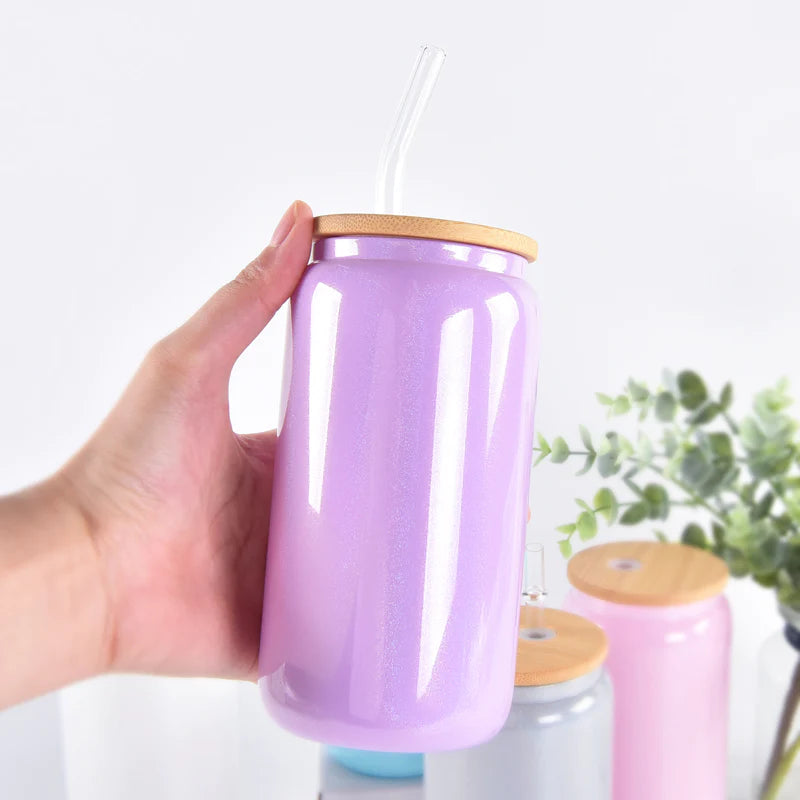 25pcs - 16oz Gradient Shimmer Sublimation Beer Can Glass Blanks With Bamboo Lid w/ Plastic straw