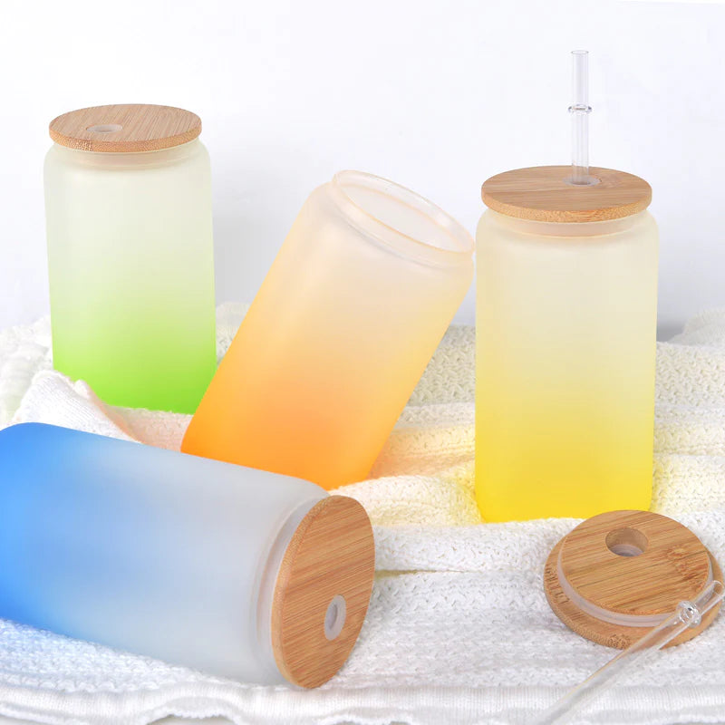 25pcs - 16oz Gradient Color Sublimation Beer Can Glass Blanks With Bamboo Lid w/ Plastic straw