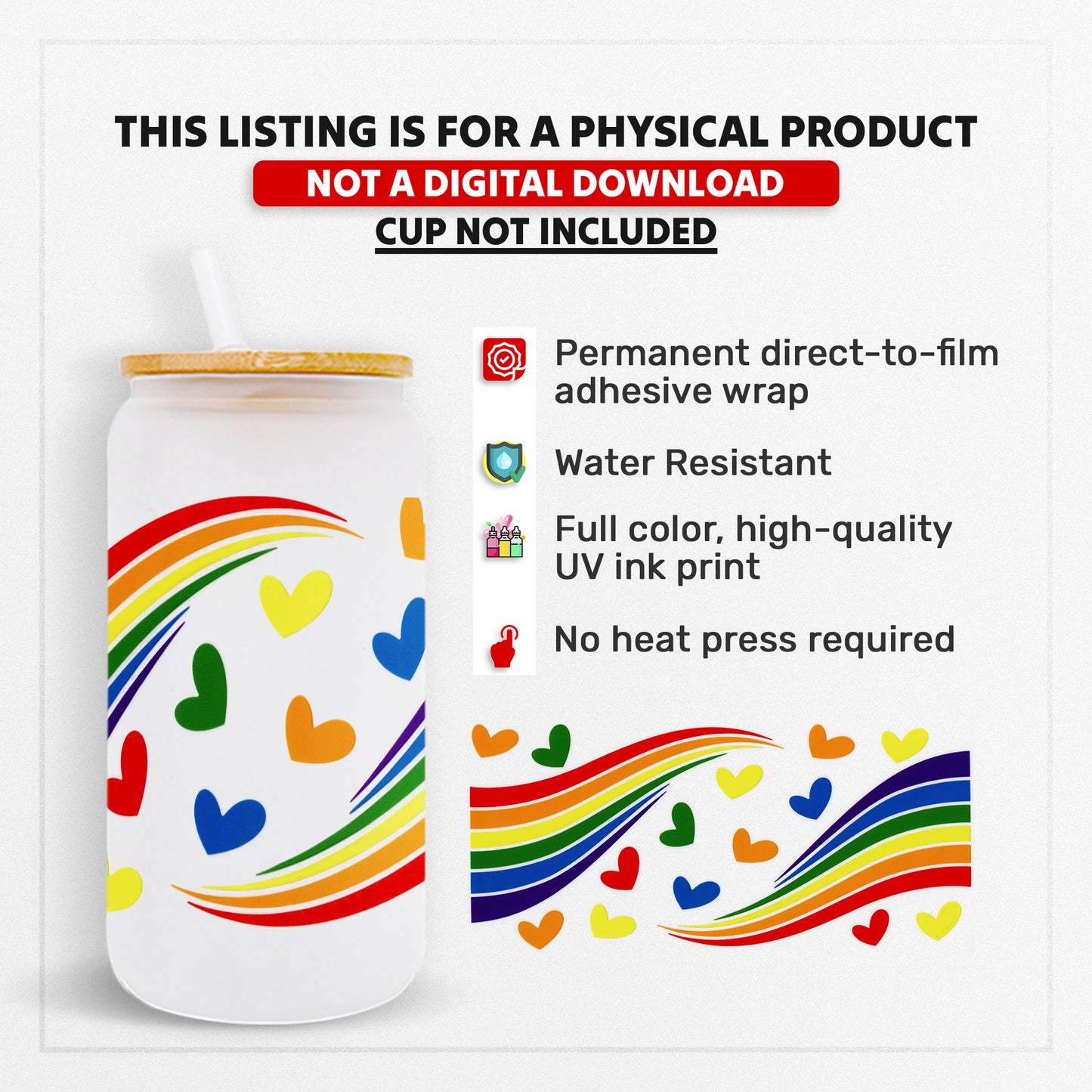 Rainbow Hearts - 16oz UVDTF Beer Can Glass Wrap