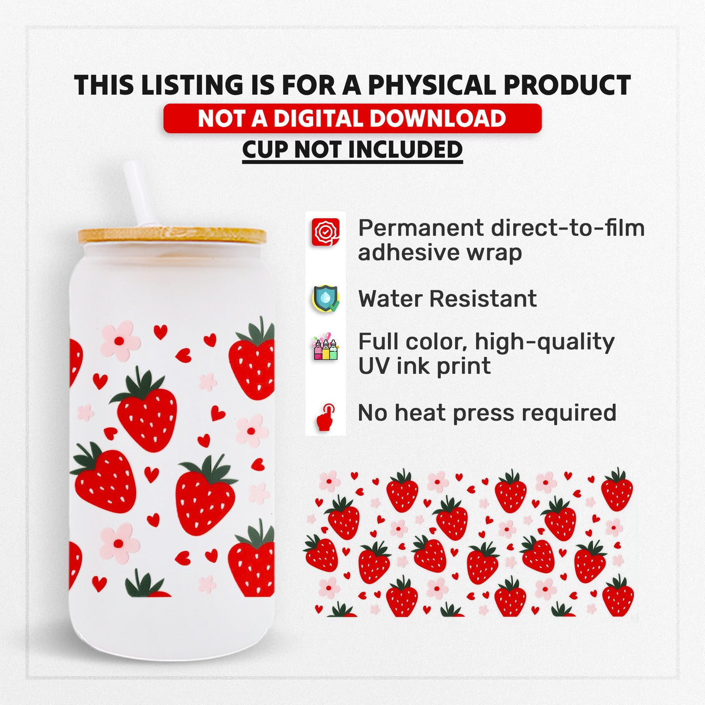 Strawberries - 16oz UVDTF Beer Can Glass Wrap