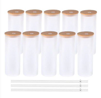 25pcs - 25oz Frosted Sublimation Drinking Glass Coffee Tumblers With Bamboo Lid And Straw